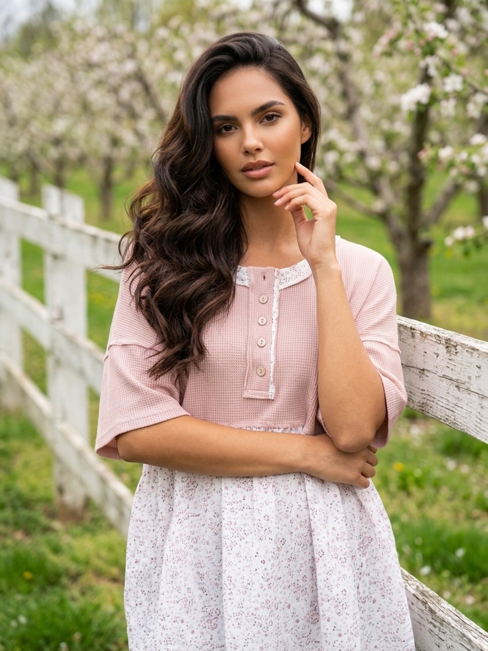 Waffle Knit Pink Mixed-Print Peplum Top - Picture 5 of 12
